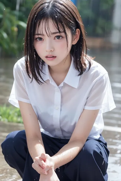  highest image quality taken by Ki,  Masterpiece, 8k, Beautiful high school girl crouching in the schoolyard after being hit by heavy rain,  is wearing a short-sleeved white shirt and a cute patterned skirt, Rain-soaked hair, Rain-soaked clothes, Rain-soak...