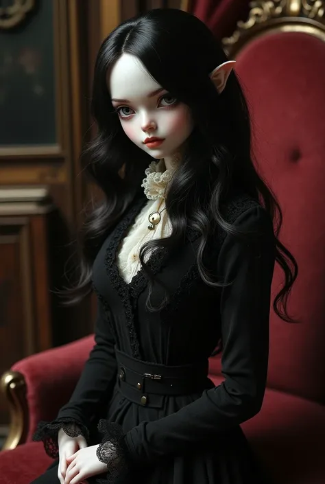 Can you make a high quality ai picture of a human sized living doll with long black hair and male Victorian Era man