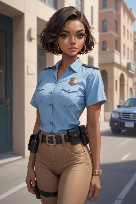 a detective in a police precinct, African American, tanned skin, short bob cut, black hair, deep brown eyes, light brown tinted lipstick and brown eyeshadow. Very pretty, she wears her short sleeved dark blue polo shirt with two pockets, brown jeans with a...