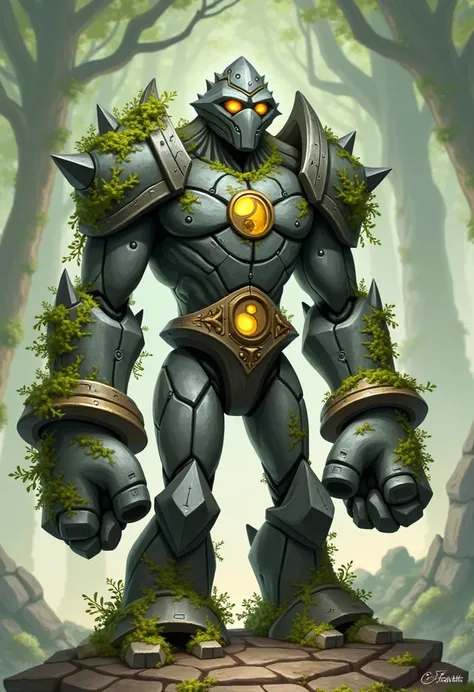 Golem, mouthless, noseless, overgrown, moss, battle pose, outdoors, ruins, fantasy, colorfull, Rock golem, yellow Glowing Eyes, little Moss on shoulders, vines over body, yin Yang in the chest, body made from dark rocks, boxing stance, Forest background, f...