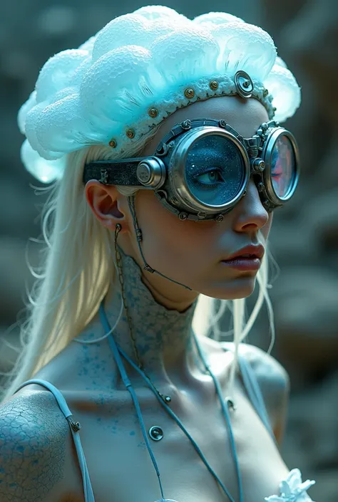 Ethereal Cyborg Woman, bioluminescent jellyfish tiara. Steampunk goggles merge with translucent tentacles. Cracked porcelain skin meets iridescent scales. Mechanical implants and delicate tendrils intertwine. Human characteristics with an otherworldly glow...