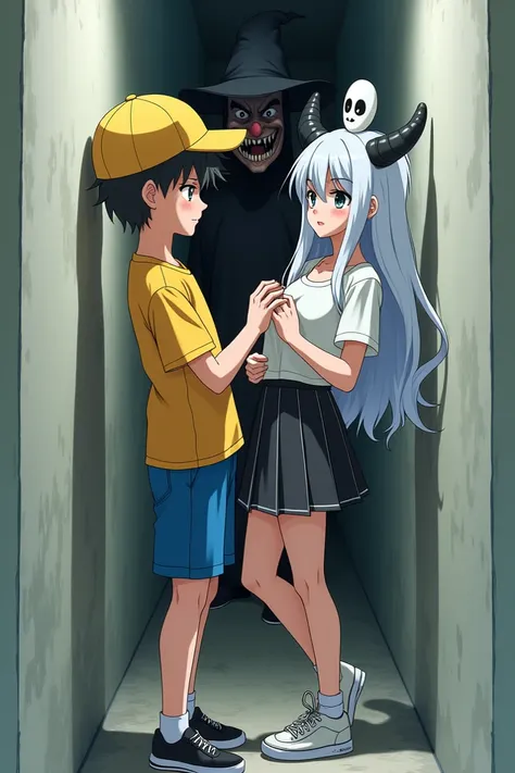 Create an image of a 15-year-old boy who wears a yellow cap a yellow witch,  wears blue shorts and black sneakers , Kiss on the lips ,  a 17-year-old girl with a white mask with the symbol UwU in the middle ,  his hands are on her breasts squeezing them , ...