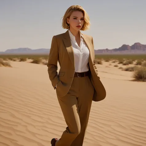 
Scarlett Johansson is a blonde woman with massive breasts and short hair in a baggy suit fitted for a man, with a tie, a button-up shirt, a blazer, trousers, and loafers, In the Desert