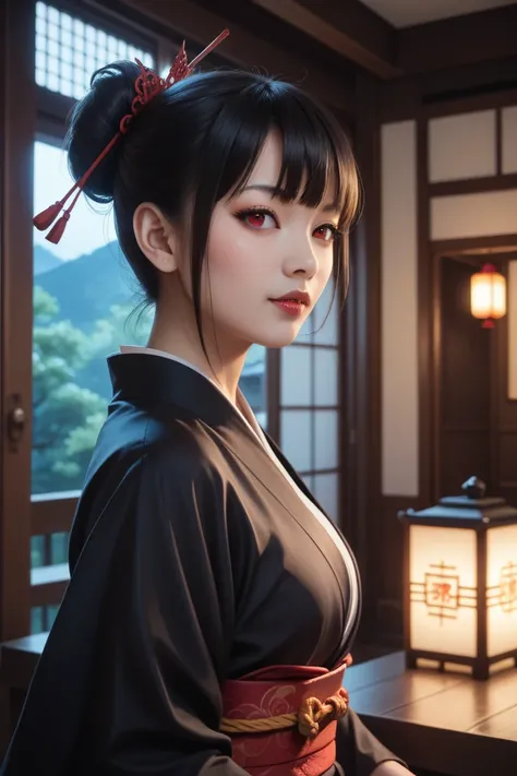 A female vampire, late 30s in age, Asian, long black hair with bangs, red eyes, black kimono, inside Japanese castle at night, beautiful but scary, highly detailed digital art, realistic anime style, fine details, high quality, sharp focus, best quality, d...