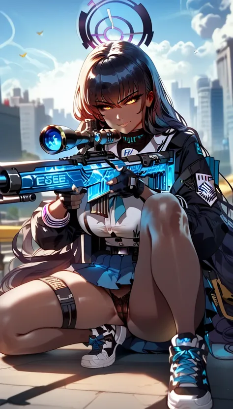 ultra-detailed, 1girl, krnba, Blue Archive, ((masterpiece)), (best quality), (highres), 16K, very dark skin, yellow eyes, very long hair, halo, wearing school uniform, wearing black panties, fingerless gloves, harness, tactical belt, sneakers, busty body, ...