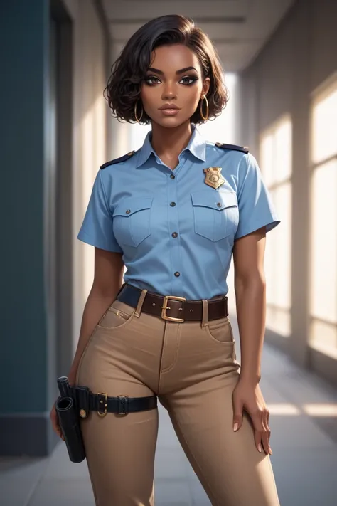 a detective in a police precinct, African American, tanned skin, short bob cut, black hair, deep brown eyes, light brown tinted lipstick and brown eyeshadow, very pretty, short sleeved dark blue polo shirt with two pockets, brown jeans with a thick belt, h...