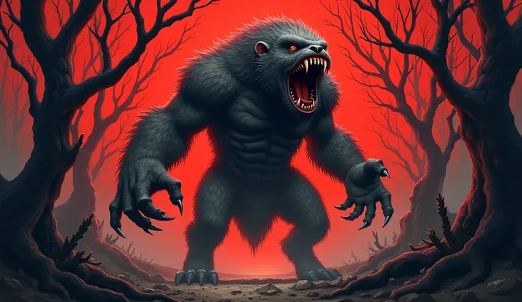  An artistic vision of Mapinguari in an intimidating pose, surrounded by twisted trees and a red sky in the background .