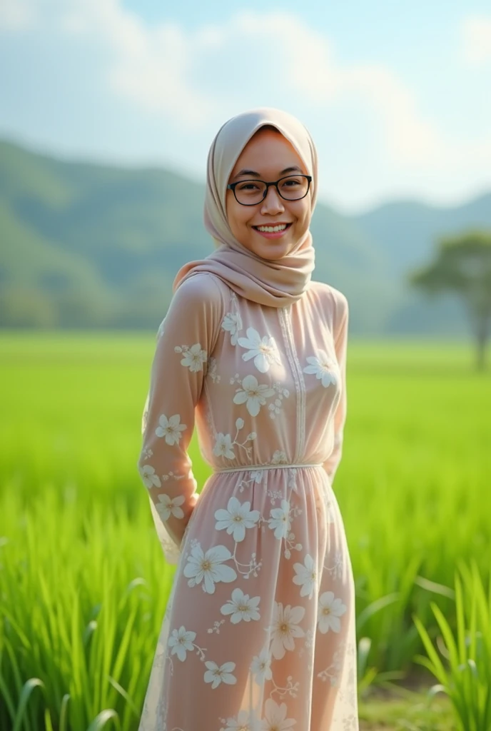 "Facial expression in Happy Smile", Wearing flora print hijab, Skinny hijab skinny hijab skinny hijab skinny hijab, (photorealistic:1.6) Indonesian hijab skinny dry aunty wear bra and (mini tiny tights Hotpants), background rice paddy. daytime atmosphere, ...