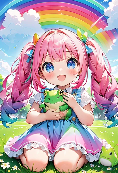 (１Little frog with rainbow gradation color:1.5、Put a frog in your palm :1.3)、(((Chibi:1.5、Chibiガール:1.5、Kindergarten student、))、((Sit on the grass:1.5、seiza:1.5))、((whole body, from BELOW:1.5、side view:1.5))、break　 top quality、 high definition 、 Detailed Background 、 beautiful face down to the smallest detail、 Anatomically Correct 、break　(whole body), ( :1.5、 super detailed depiction of hair :1.5、 cute pink hair color、 braided twin tails )、(Super detailed eye depiction :1.5、 big, beautiful blue eyes 、 long eyelashes)、( super detailed mouth depiction :1.5、Full lips、 fresh pink lips )、break　(whole body), (Cute Shirts:1.5、 cute middle skirt 、Cute hair accessories、Cute sneakers)、break　(( big smile:1.2、Very happy :1.5、Very happy expression:1.5))、(( putting both arms in front of my chest :1.5))、break　( background is grass in a park）