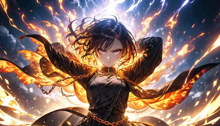 Features a fierce and confident woman、A striking and powerful anime-style illustration. She stands in a dramatic pose, She is freed from shining chains, Symbolism and self-expression. Background、Reflects a dark, stormy sky lit up by flashes of light, Symbo...