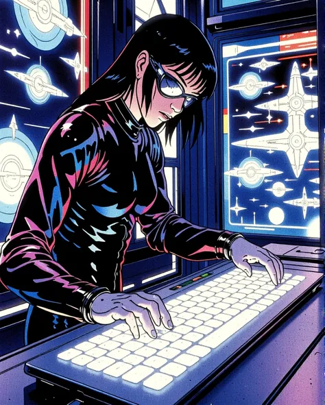 A cyberpunk female protagonist adorned in a sleek black latex holographic catsuit, which shimmers with an array of neon blues and purples as it reflects the pulsing lights of the high-tech lab she inhabits. Her outfit is complemented by a pair of futuristi...