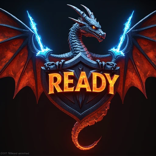  Beautiful glow-in-the-dark logo with text "Ready"  in gaming style metallic blue chromatic, Dragon in the background in the form of a shield ,  With two swords of illidan in blue fire 