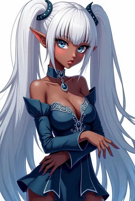 Draw a black woman for me, In anime format,  she has white hair ,  pointy ears,  clear eyes, and she wears a dress , short,  with long sleeves , It has a dark blue color, with silver details