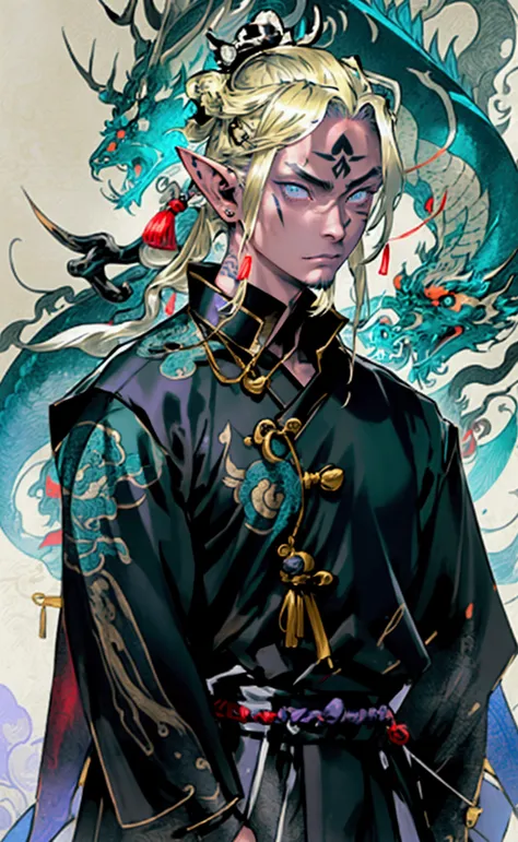 a samurai elf with light clothing typical of the Japanese period, carp details on his clothing, with a yakuza tattoo on his left arm, a small goatee on his face followed by a scar on the cheekbone on the left side with vibrant green eyes and light blonde h...