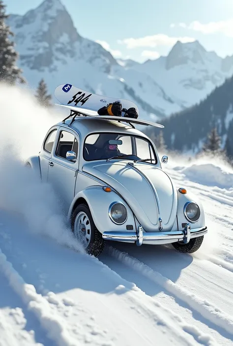 The white Volkswagen jet number 504 snowboards off a steep slope