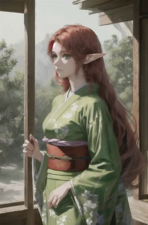 Beautiful elf  female, ultra high resolution, ((masterpiece))), (((best quality))), ((super detailed)),  ((extremely delicate and beautiful)),cinematic light, detailed environment(real), red hair, green eyes, photoreal, wearing green kimono, inspired by Fr...