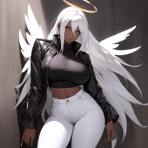 1girl, solo, large breast, golden ring halo, angel wing, white wings, purple tipped feathers, hourglass figure, black skinny jeans, black combat boots, black zip-up crop top jacket, leaning against wall, long hair, white hair, golden tipped hair, dark skin