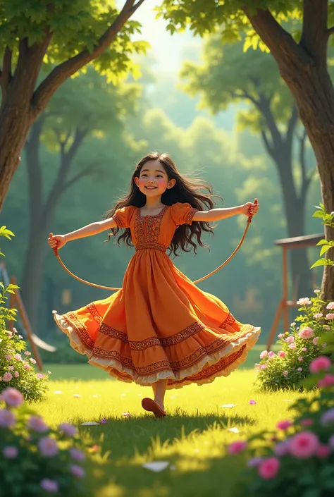 A smiley  jewish  ren girl with long dress and cover arms  with a jump rope in the garden with a slide and swing and 3 trees at noon 
