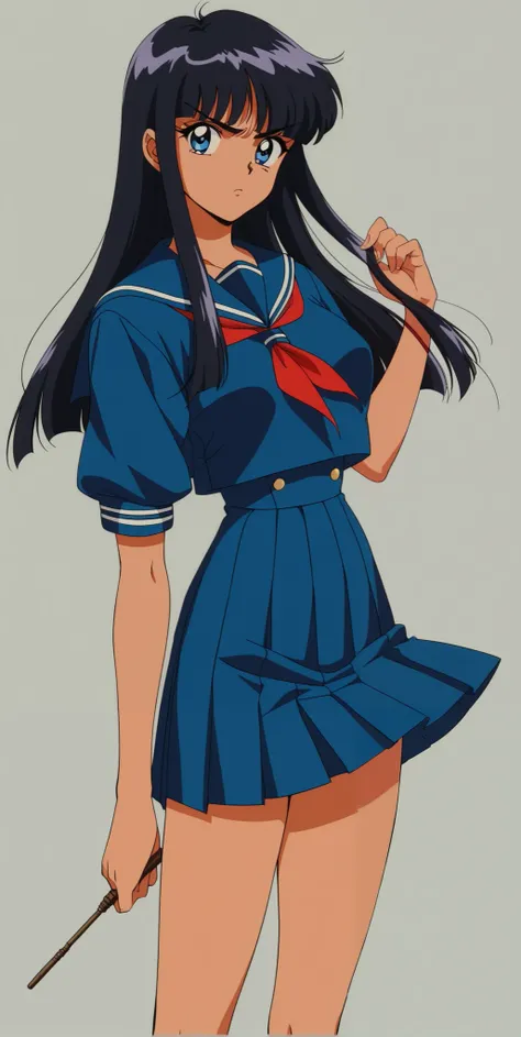 Young woman drawn in 80’s anime art style. 
Retro anime   . Vintage Anime. Classical Anime. 
Black HAIR
Hime Cut Hair
(Round and Circle eyes)
(Blue eyes)
(Medium Sized Eyebrows)
(Tan Woman)
(Medium Breast)
Annoyed

She is wearing a sailor fuku (セーラー服, sērā...