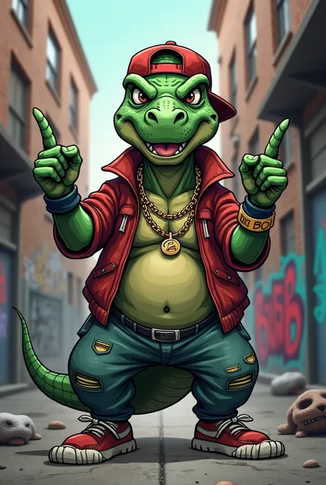 Hidden hip hop style cartoon dinosaur showing middle finger