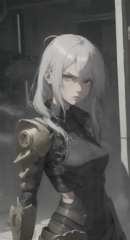 Ancient android, Illia, silver hair, green eyes, looking at viewer, stern, long messy hair, steampunk armor, machine gear vest, threatening pose,