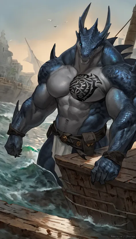 sharkman, gray belly, black and blue hands and fins, black back, solo, big arms, koholasaurus from genshin impact, bara, detailed smooth skin on abs, lizard shark hybrid, anthro, closed mouth, detailed scales, muscular, thick scales on arms and legs, propo...