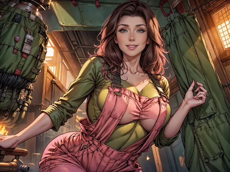 ((1girl)), Jewel Staite as Kaylee from Firefly, undone olive green coveralls, overalls, short pink crop top, long brunette hair, perfect breasts, sexy pose, smile, spaceship engine