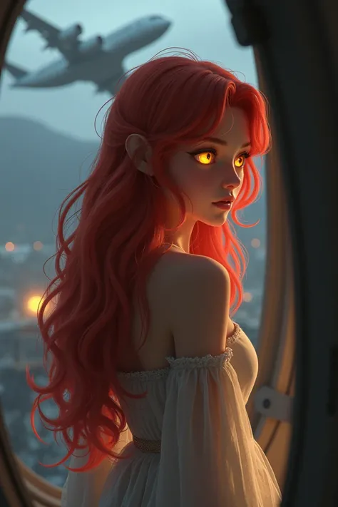 Red with long hair and yellow eyes
Animation of a woman stroking an airplane from a distance