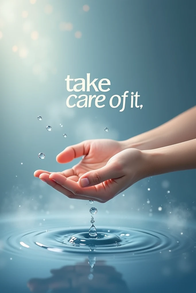 water care, a person taking care of a drop of water with the slogan “take care of it”