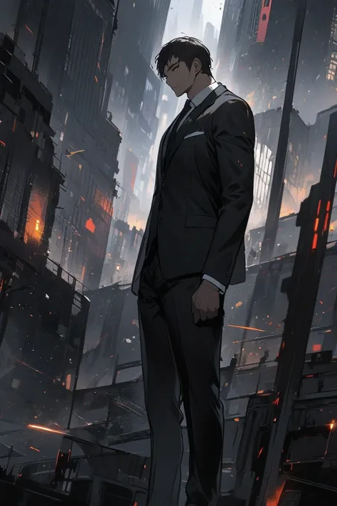 A dark-haired man in a black suit, standing facing the city