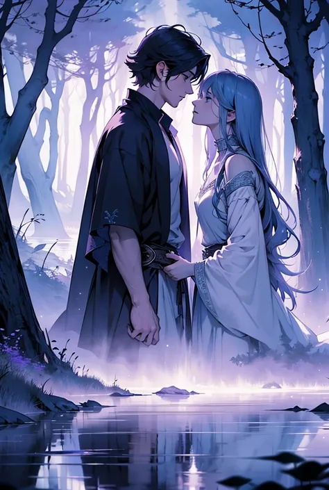 The cover could feature the two man protagonists, surrounded by a mystical or dreamlike atmosphere. Perhaps a lake could be included as a subtle hint to the mysterious curse that ties their fates together. The color palette could blend soft, ethereal tones...