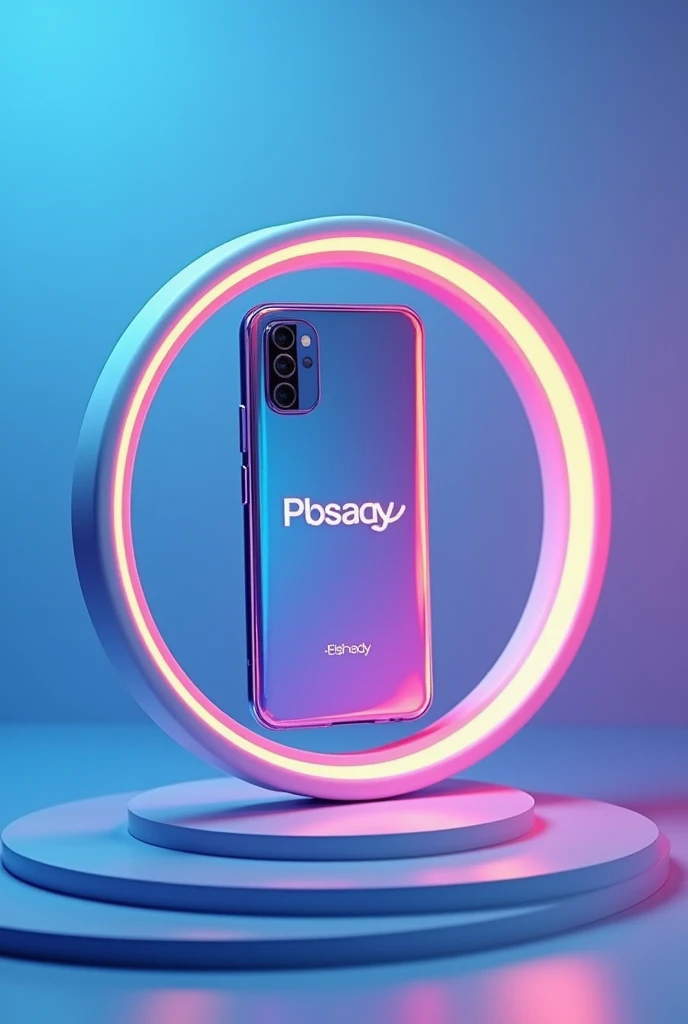 an image of a  "cell phone" inside a circle with the sayings "ELSHADAY personalized covers " 3d, renderização 3d, blue background where the focus is total on it.