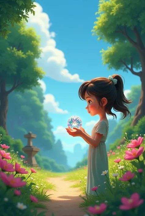  Someone looking at a very beautiful gem, She has it in her hands , It is in an environment where there are trees , flowers on the road,  everyone is beautiful with blue and clear skies Animated version 