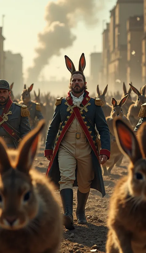 A dramatic chaotic scene, soldiers running, swarming rabbits attacking, Napoleon confused, photorealistic, 8k, highres, HDR, cinematic lighting, epic, intense, action, detailed environment, dramatic composition, dynamic poses, realistic textures, vivid col...