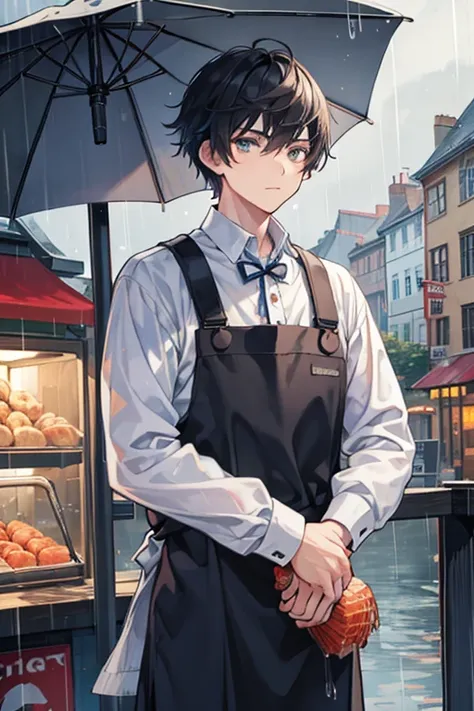 Fishmonger , Male student, melancholy,  colorful ,  upper body, rain, Shop, Jumper, middle ages,  black hair