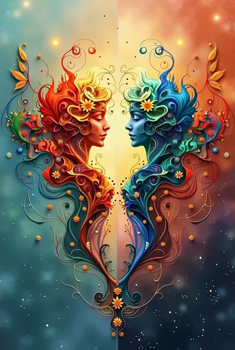  Can you create an abstract image for me ,  which is creatively artistically designed ,  with thoughtful components .  Without human beings ,  to which the sexes can be attributed .  either a type of 2 souls or in a free universal order.  coordinated color...