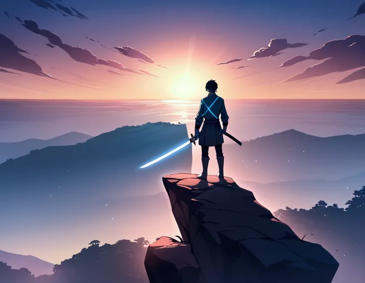 "A lone anime swordsman standing on a cliff, his glowing katana radiating an ethereal blue light, with a dramatic sunset behind him.