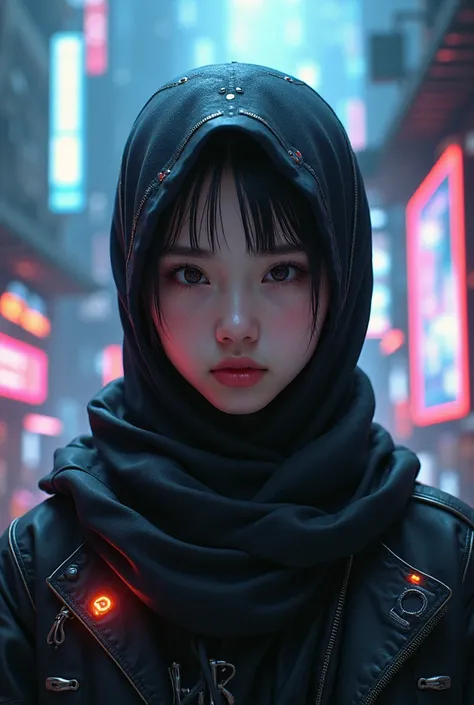 A young korean girl, hijab, cyberpunk style