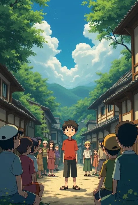 The grown-up boy is telling his own story to the people of his own village, asking for a ghibli cartoon.