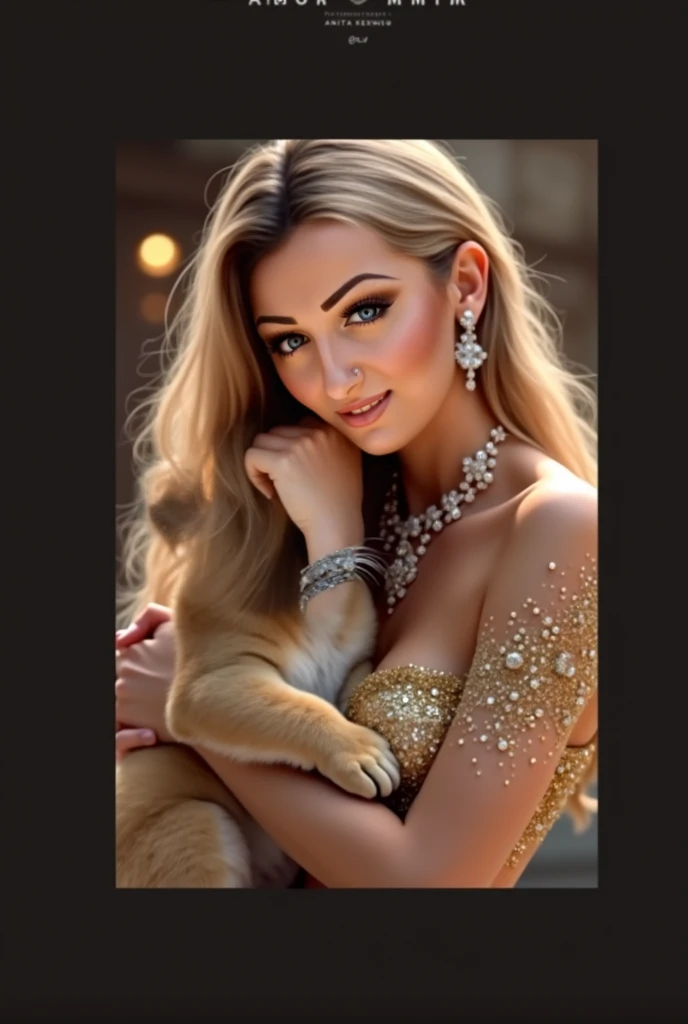 The hiperrealistic image shows beautiful wearing diamond necklace and gold gaze dress sparkly shiny gliter woman black long hair smiling face striking eyes holding a young lion , glowing ambiance, The lion cub looks calm and comfortable in the person’s arm...