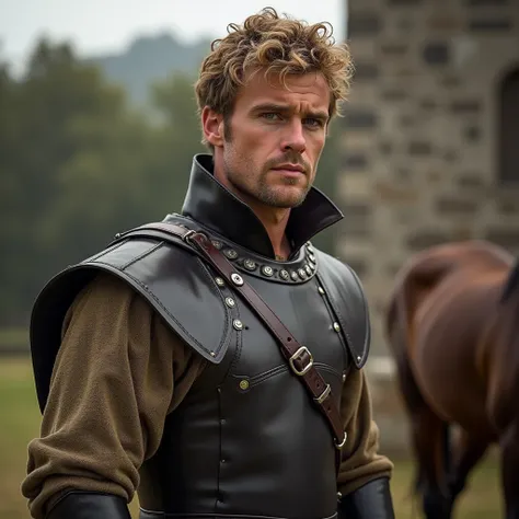 Australian Man Luke Hemsworth 40 years old,short curly hairstyle, blonde hair,Dark skin,blue eyes, maxilar definido retangular, 1.85 altura, vestido com um traje de camponês medieval,em uma fazenda perto de um castelo medieval,com cercas pretas cercando-o,...