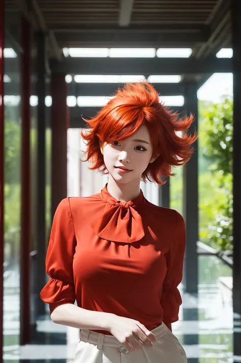  top quality, 1peopleの女の子, ( skin dimentation in an empty hallway), ( Big Breasts ), (day),   bright ,  Blur Background ,  outdoor, (street:0.6), (people々, crowd:1), (blouse:1.5), nice, (Red Hair:1.5), (Floating Hair:1.5), ( dynamic pose:0.8),  soft lighti...