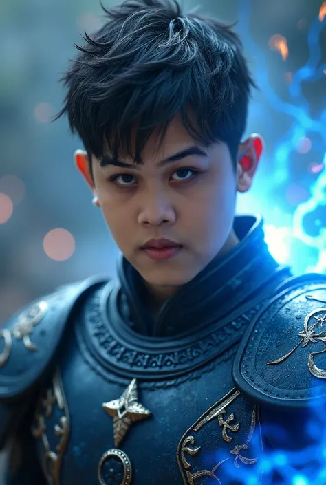 closeup portrait of a young mans face, black hair, short hair. Wearing dark blue war armor, he poses staring sharply at the camera, battle arena background, blue electricity, blue aura fire, epic realistic,