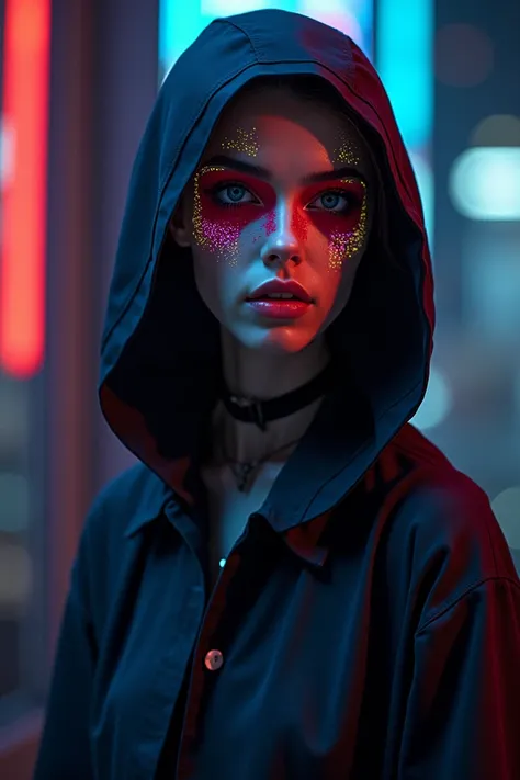 man.with hooded blouse and mascara with neon designs