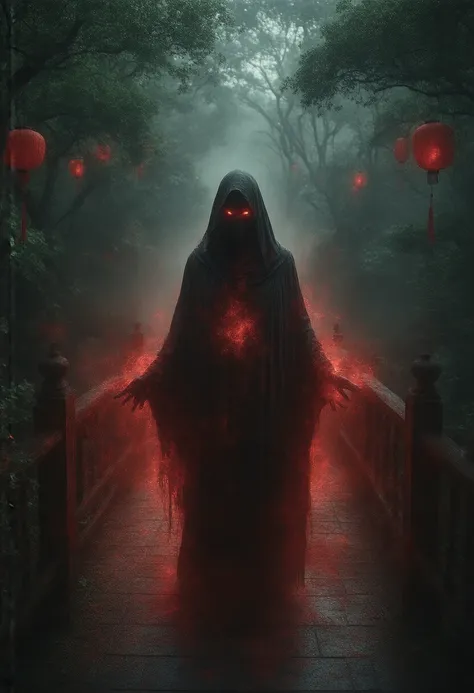 A spirit ,spectral, standing on a red bridge with lanterns on the sides with candles, Japanese-style pillared bridge , in a forest of bonsai trees and a ravine on the other side ,from afar, floating on the bridge , long, broken black tunic with stains of m...