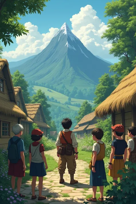 A grown boy who just came down from a mountaintop is telling his story to the people in his village. I want it to be in the form of a Ghibli cartoon.