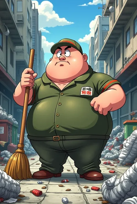 Municipal cleaning scavenger fat anime character look around with broom in hand how to clean up the messy garbage around