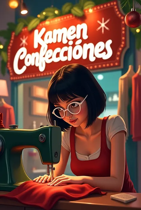  Sign that says "KAMEN CONFECCIONES " Latin white glases, hair short woman with smooth black hair with a sewing machine and Christmas atmosphere