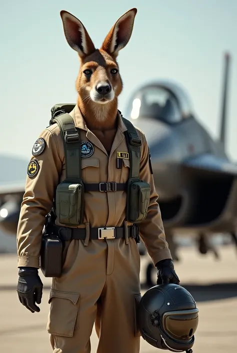 A tall and strong kangaroo war pilot walking towards his f4 plane with his helmet under his arm walking