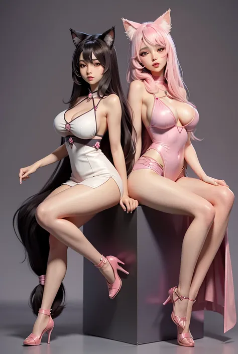 model with long wavy black hair, With her friend, light pink hair, full body view, beautiful sweet outfit, big boobs, , big boobs, with cat ears, sitting 